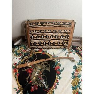 Rebecca Minkoff MAC Woven Leather Crossbody Tan Black Chain Strap Shoulder Bag